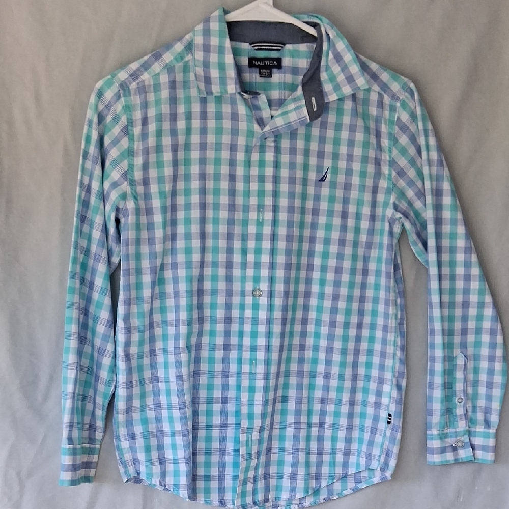 Nautica Boy's Aqua and White Plaid Shirt